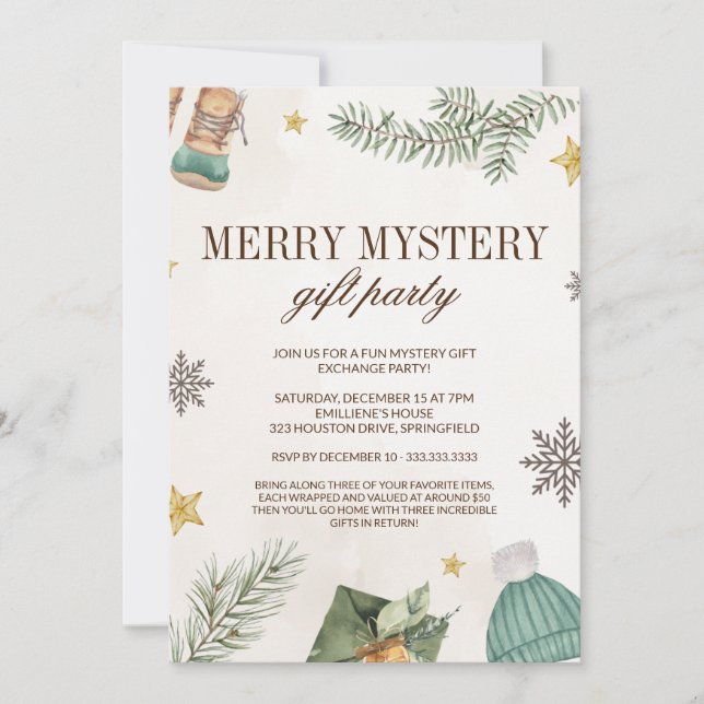 Cute Fun Merry Mystery Gift Exchange Party Invitation (Front)