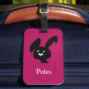 Cute Fun Minimal Cartoon Black Bunny On Magenta Luggage Tag