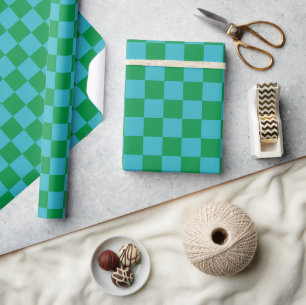 Cute Fun Modern Chequerboard Blue Green Geometric Wrapping Paper