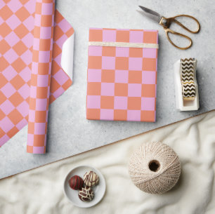Cute Fun Modern Chequerboard Coral Pink Geometric Wrapping Paper