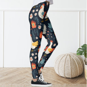 Cute Fun Navy Blue Floral Chicken Hen Leggings