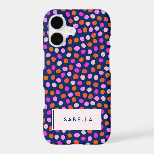 Cute Fun Navy Blue Pink Dots Personalised Name