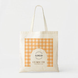 Cute fun orange Gingham preppy Logo Business Tote Bag