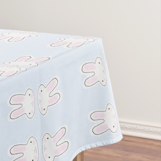 Cute fun pale blue bunnies illustration pattern tablecloth (In Situ)