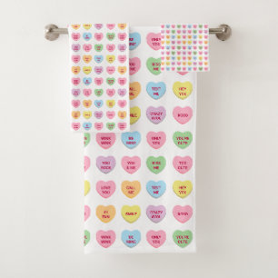 Cute fun pastel custom conversation hearts pattern bath towel set