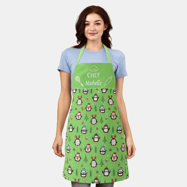 Cute fun penguins christmas trees snow apron (Worn)