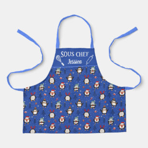 Cute fun penguins christmas trees snow Sous chef Apron