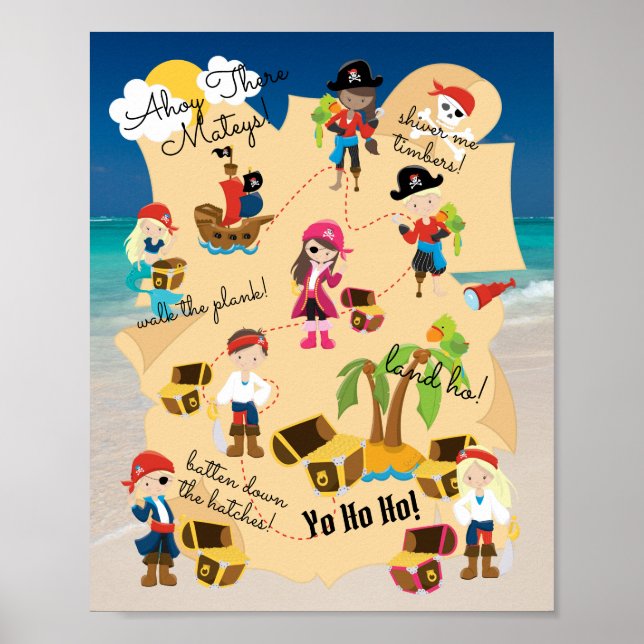 Cute Fun Personalised Pirate Treasure Map Photo Poster (Front)