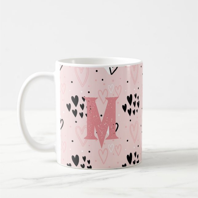 Cute Fun Pink Blush White Black Hearts Monogram Coffee Mug (Left)