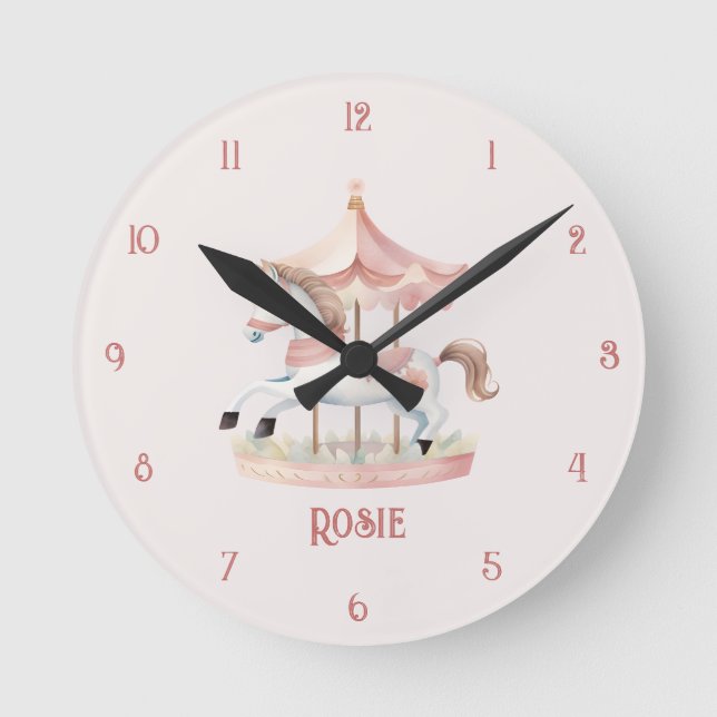 Cute fun Pink Circus Carousel Child's Wall Clock (Front)
