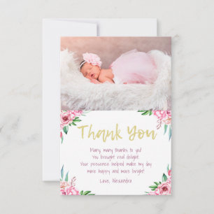 Cute Fun Pink Gold Floral Birthday Photo Thank You Card