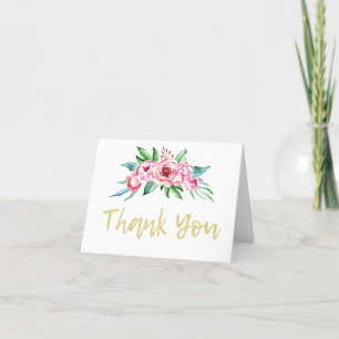 Cute Fun Pink Gold Floral First Birthday Photo Thank You Card