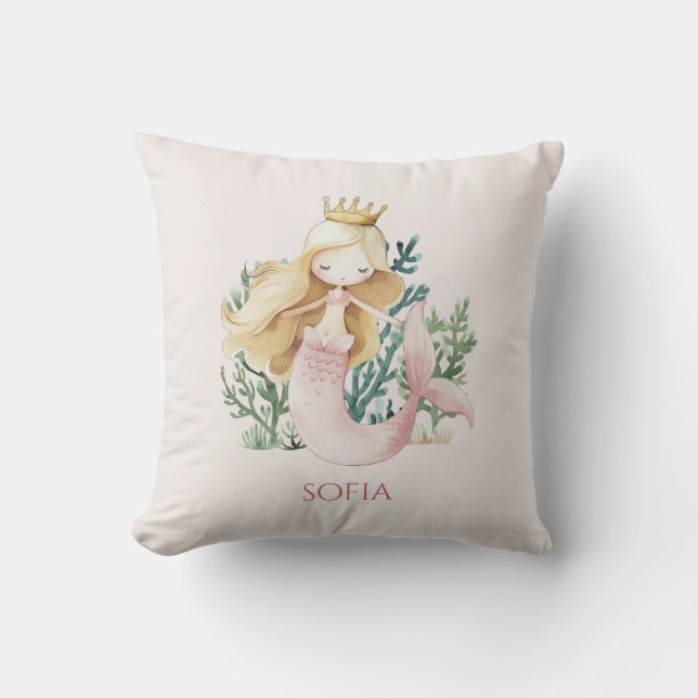 Cute fun Pink Mermaid Child's  Cushion (Front)