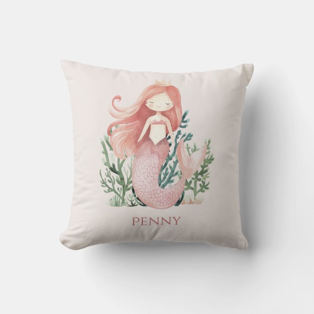 Cute fun Pink Mermaid Child's  Cushion (Front)
