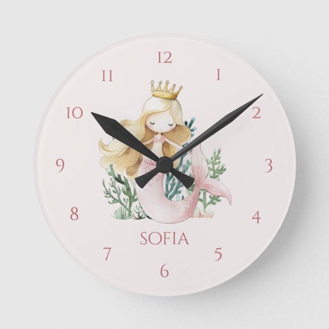 Cute fun Pink Mermaid Child's Wall Clock (Front)