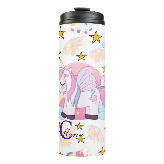 Cute Fun Pink Purple Gold Star Unicorn Name Thermal Tumbler (Front)