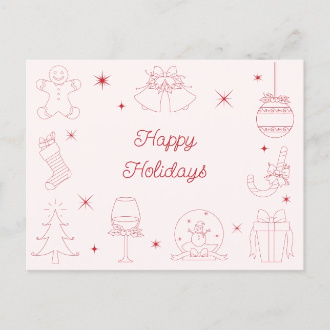Cute Fun Pink Red Hand Drawn Christmas Non-Photo Holiday Postcard (Front)