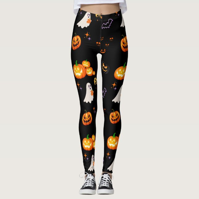 Cute Fun Pumpkin ghost bat Witch Halloween Party Leggings (Front)