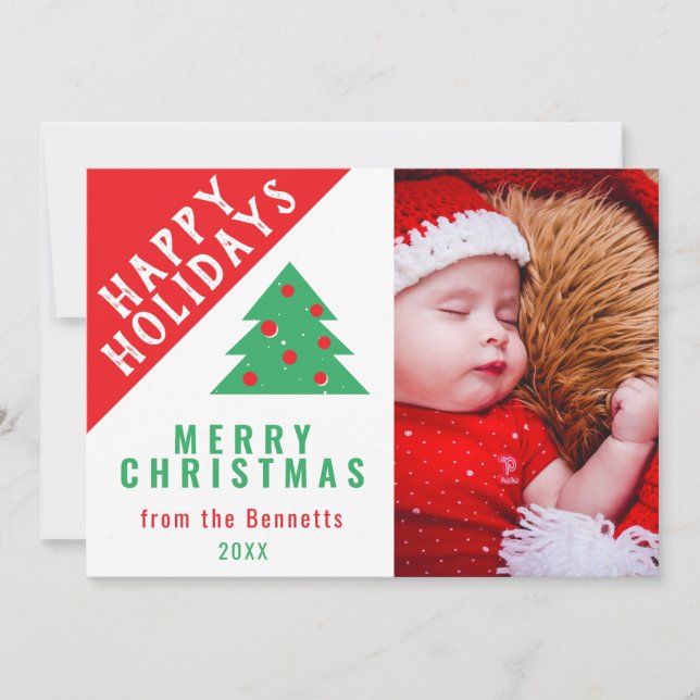 Cute Fun Red Green Christmas Tree Family Photo Holiday Card (Front)