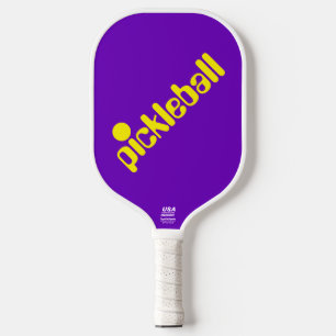 Cute Fun Retro Bright Yellow Text On Bright Purple Pickleball Paddle