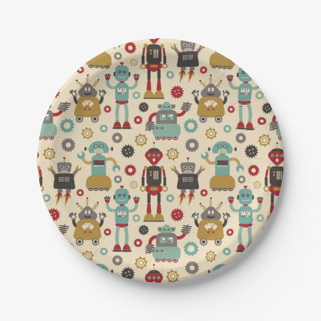 Cute & Fun Retro Robots themed party Paper Plate (Front)