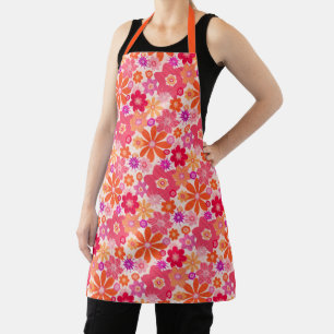 Cute Fun Retro Style Floral Pattern Orange Pink  Apron