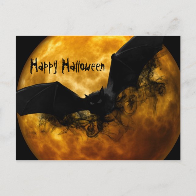 Cute Fun Scary Happy Halloween Bat and Full Moon Holiday Postcard (Front)