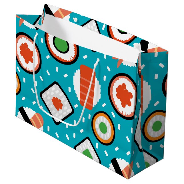 Cute fun seamless pixel sushi cartoon pattern large gift bag (Front Angled)