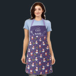 Cute fun snowman Santa Claus Christmas family Apron<br><div class="desc">Cute purple family matching apron featuring a fun pattern with lovely cartoon snowmen with red and scarfs and red and black hats, and adorable little Santa Clauses, decorated with snowflakes, green and red holly leaves, and red and white candy canes. The caption on the upper part, decorated with a stylised...</div>