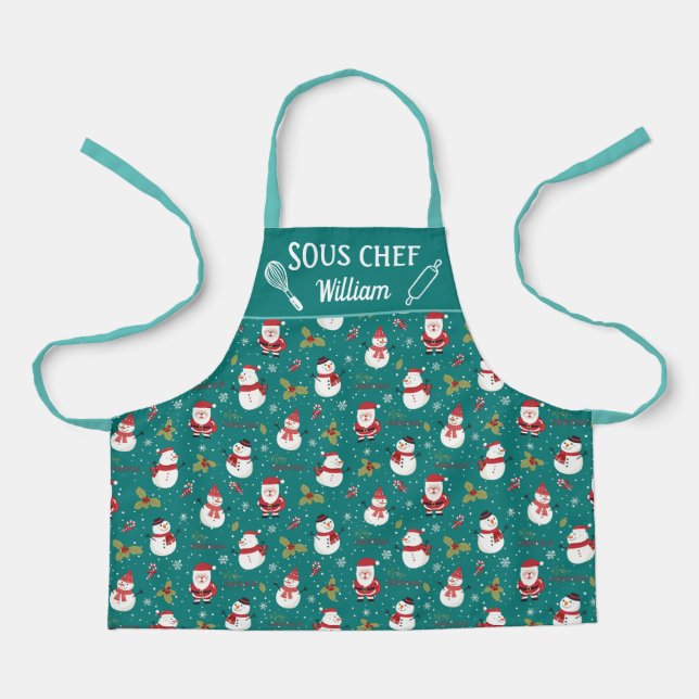 Cute fun snowman Santa Claus Christmas family Apron (Front)