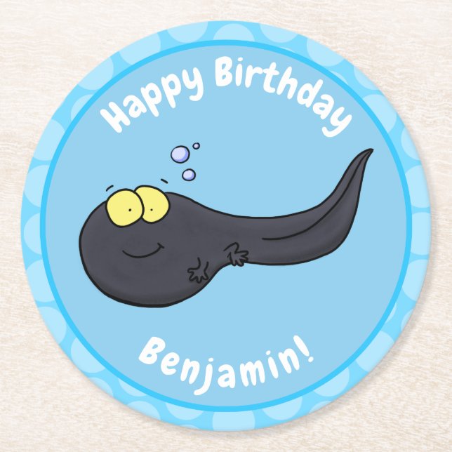 Cute fun tadpole cartoon illustration round paper coaster (Front)