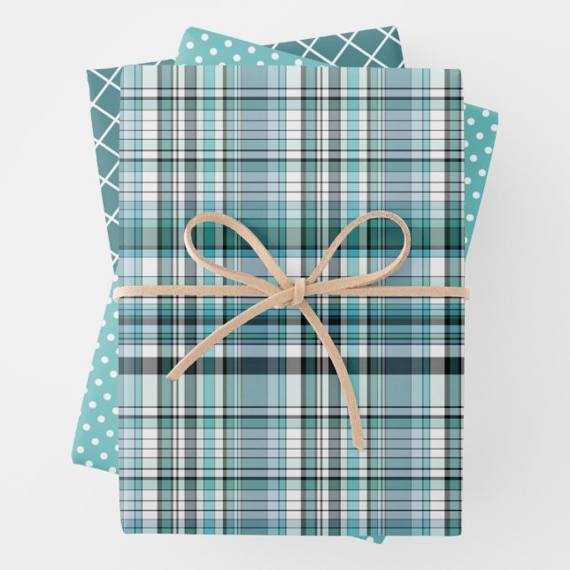Cute Fun Teal Blue Green Stripes Polkadots Pattern Wrapping Paper Sheet (In situ)
