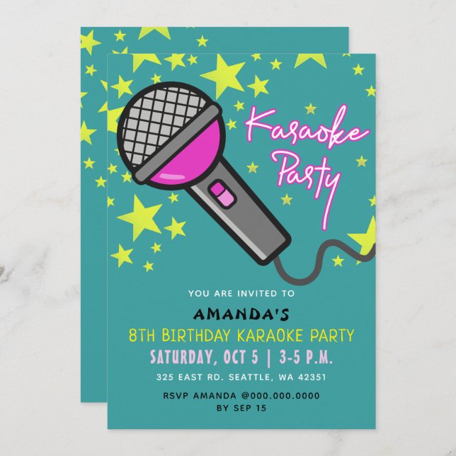 Cute Fun Teal Pink Kids Birthday Karaoke Party  Invitation (Front/Back)