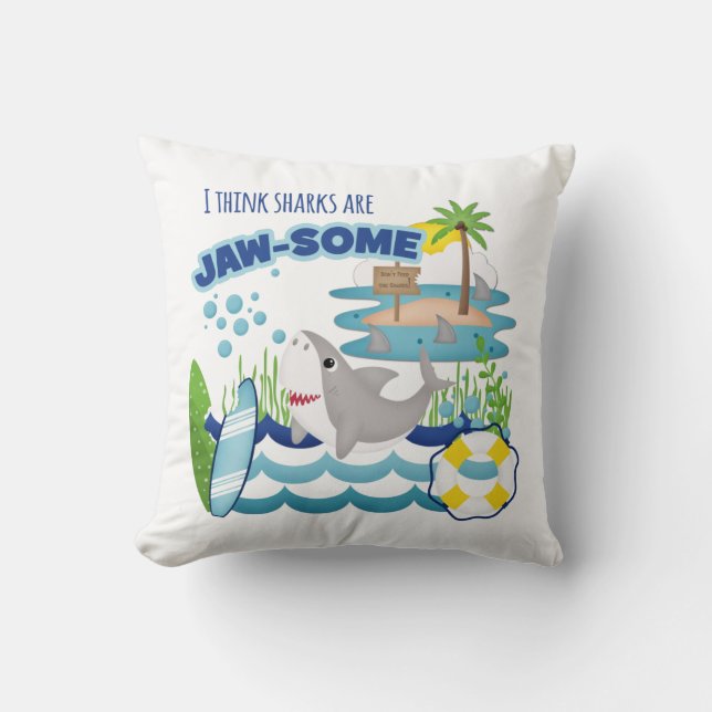 Cute Fun Teal Shark Surfer Beach Island Cushion (Front)