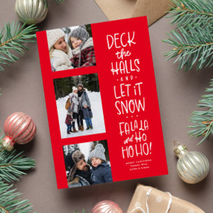 Cute fun three photo red white Christmas Holiday Card