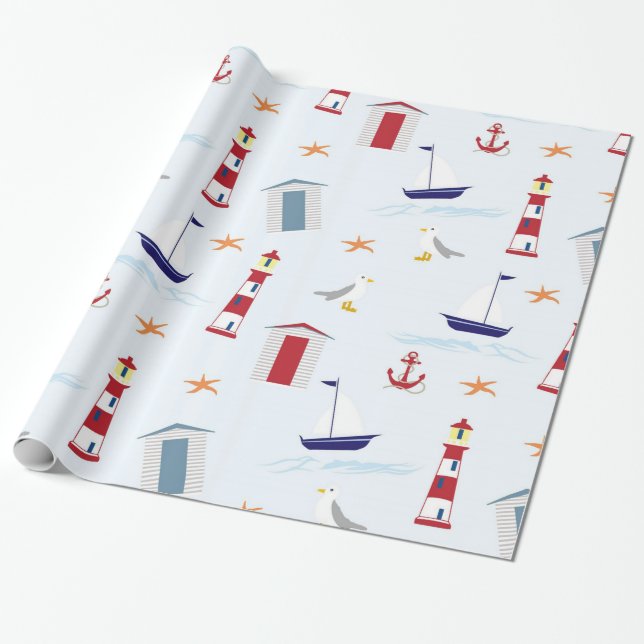 Cute fun tropical beach lighthouses boats pattern wrapping paper (Unrolled)