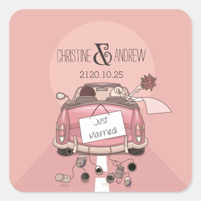 Cute Fun Typography "Just Married!" Personalised Square Sticker (Front)