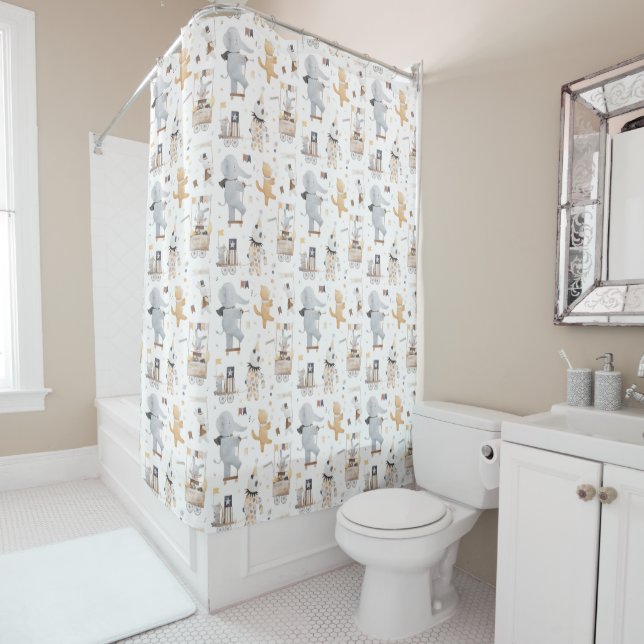 Cute Fun Watercolor Safari Animals Circus Nursery Shower Curtain (In Situ)
