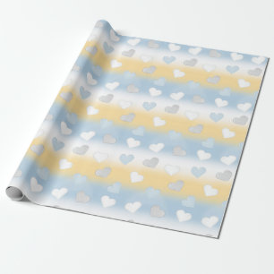 Cute Fun Yellow, White and Blue Heart Patterned Wrapping Paper