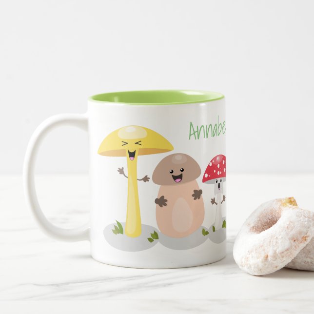 Cute fungi mushrooms and toadstools cartoon Two-Tone coffee mug (With Donut)