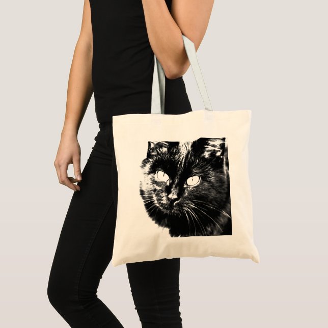 Cute Funky Black Cat Kitten Eyes Sketch Tote Bag (Front (Product))
