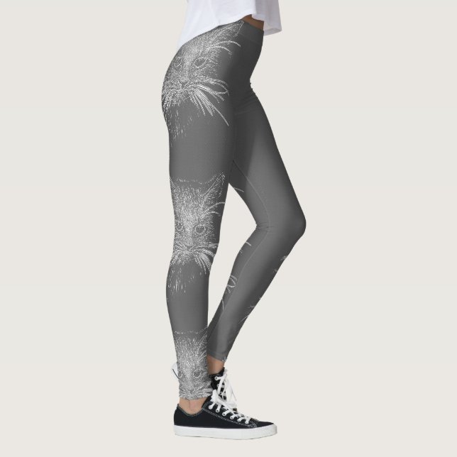 Cute Funky Cat Kitten Eyes Face Sketch Leggings (Right)
