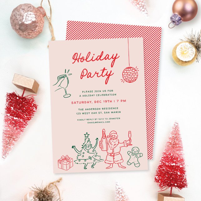 Cute Funky Christmas Doodles Holiday Party Invitation (Creator Uploaded)