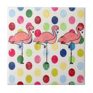 Cute Funky Flamingos Colourful Polka Dots Tile