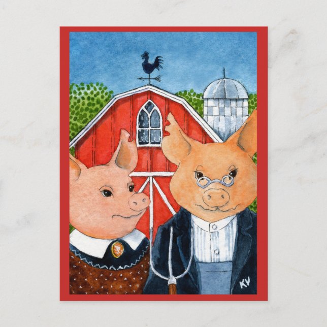Cute Funny American Gothic spoof pig farm postcard (Front)