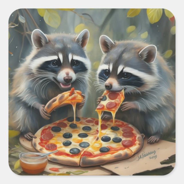 Cute funny animals eating a pizza funny gift ideas square sticker (Front)