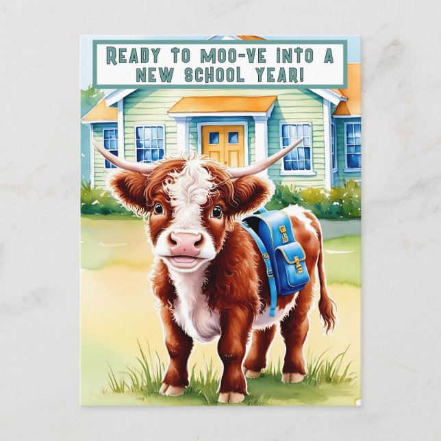 Cute, Funny Back to School Cow  Holiday Postcard (Front)