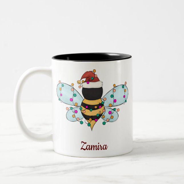 Cute Funny Bee Name Personalised Christmas Two-Tone Coffee Mug (Left)