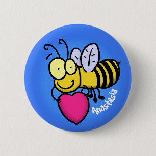 Cute funny bee with heart cartoon illustration 6 cm round badge