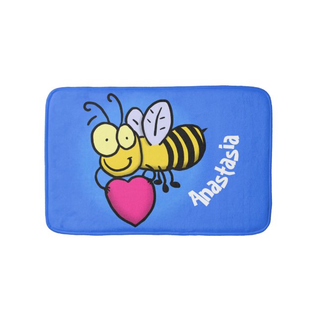 Cute funny bee with heart cartoon illustration bath mat (Front)